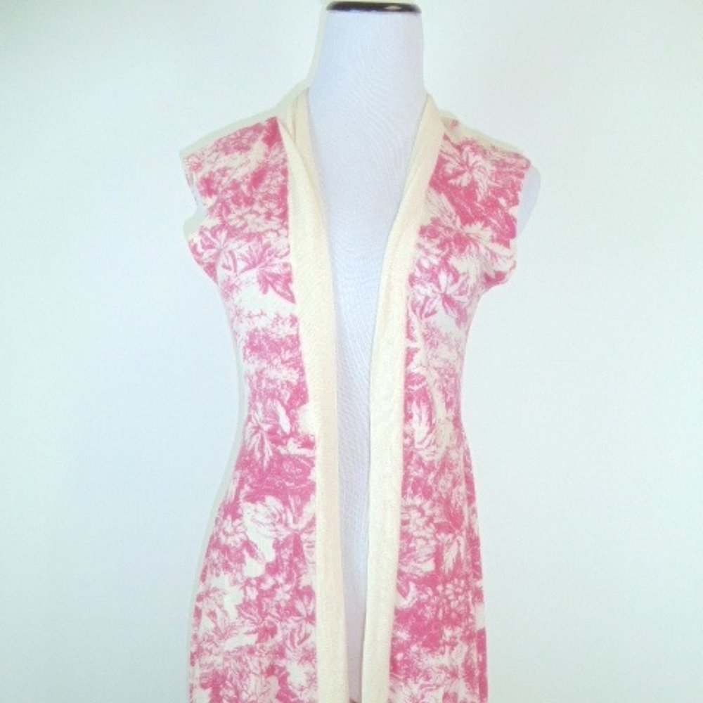 Penelope Simply luxe pink cotton toile floral sleeveless cardigan long vest S